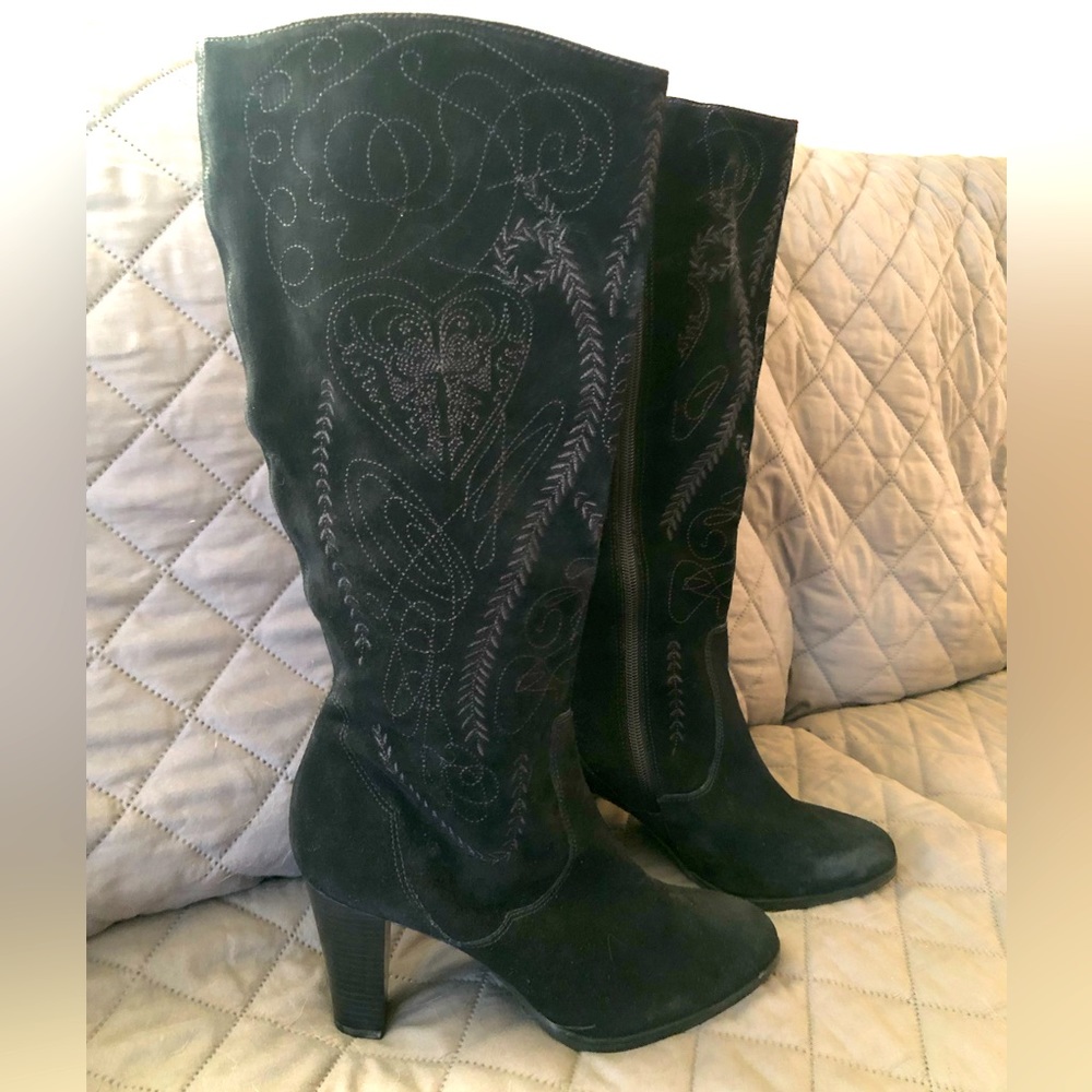 Gorgeous Black Suede Detailed Stitching Diego di Lucca Tall Boots SZ 8.5